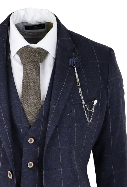 Mens 3 Piece Wool Suit Navy Blue Tweed Check Peaky Blinders 1920 Gatsby Formal