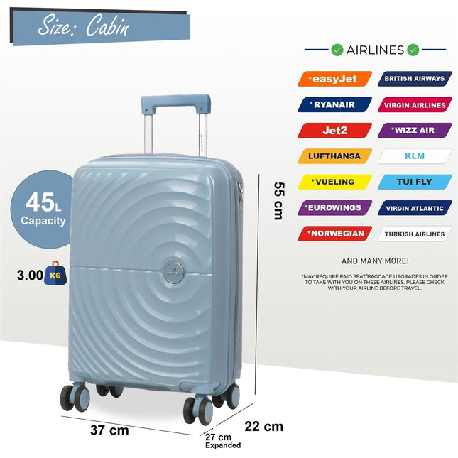 Hard Shell Cabin 55 x 37 x 22 cm PP Suitcase Luggage Suitable for Easyjet, Ryanair