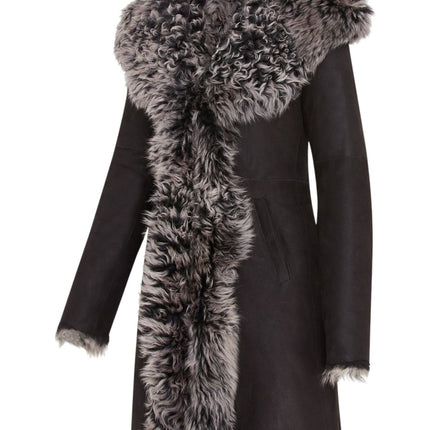 Womens Black Toscana Sheepskin Leather Hooded Trench Coat - Coast