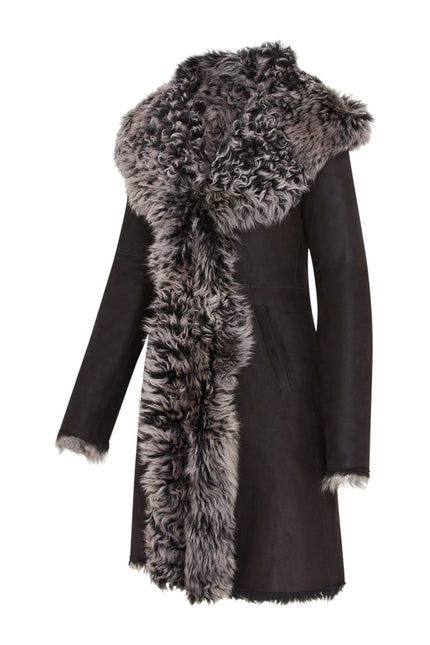 Womens Black Toscana Sheepskin Leather Hooded Trench Coat - Coast