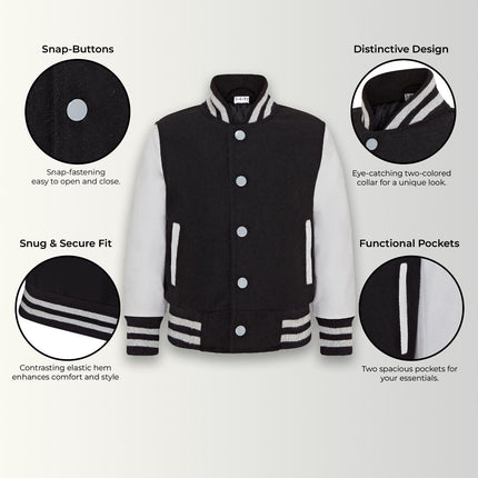 Kids Black Wool Varsity Bomber Jacket with Real Leather Sleeves