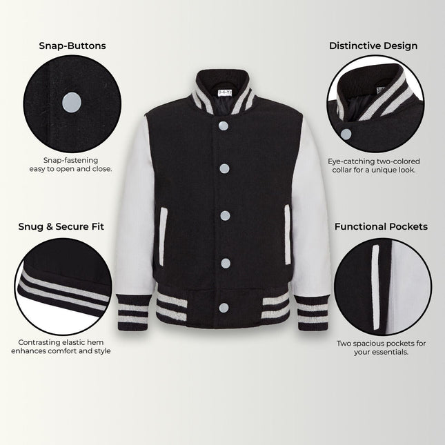 Kids Black Wool Varsity Bomber Jacket with Real Leather Sleeves