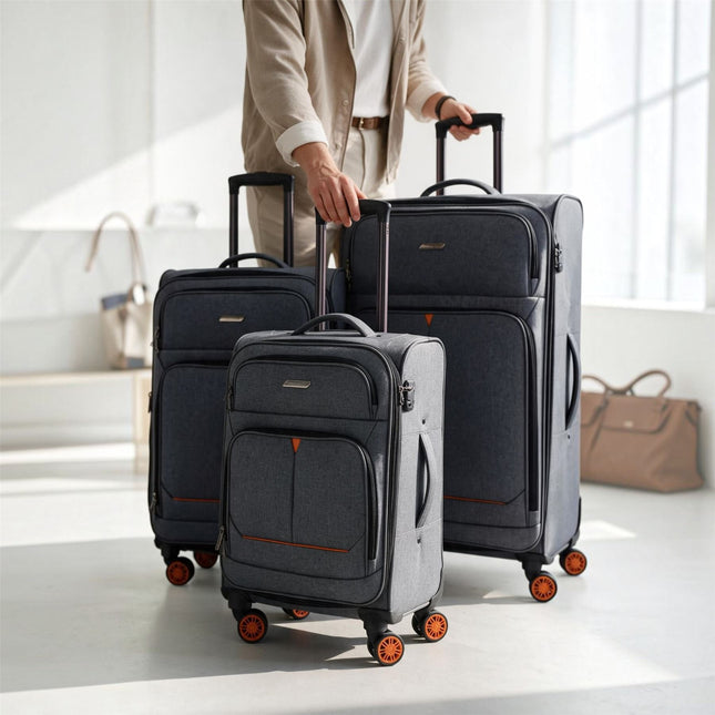 Soft Shell Black Linen Suitcase Set 8 Wheel Lightweight Travel Luggage