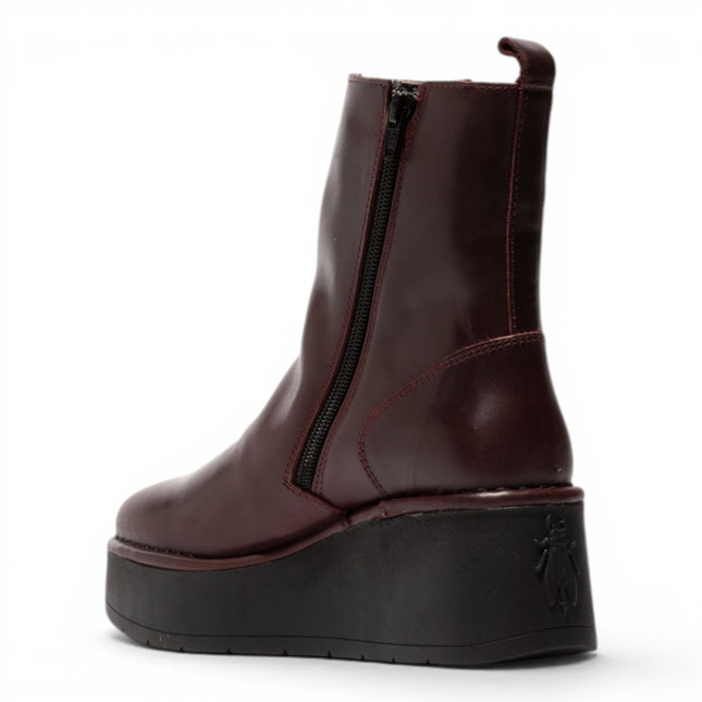 Fly London Women’s Wine Leather Wedge Heel Platform Ankle Boots - HEIJ272