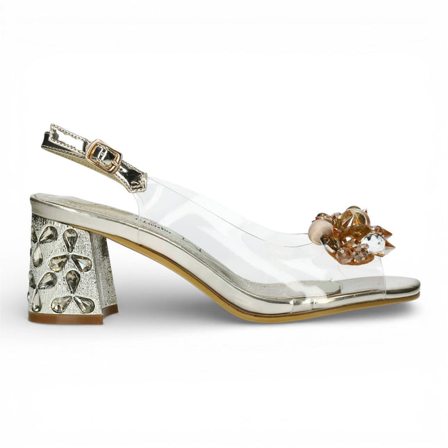 Laura Vita Women’s Marlene-12 Clear Golden Slip-On Cinderella Tapered Pump Heel Ankle Strap Sandals