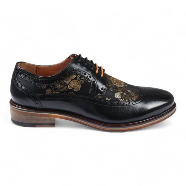 Justin Reess Men's Black Leather Floral Print Brogue Dress Shoes - Ross