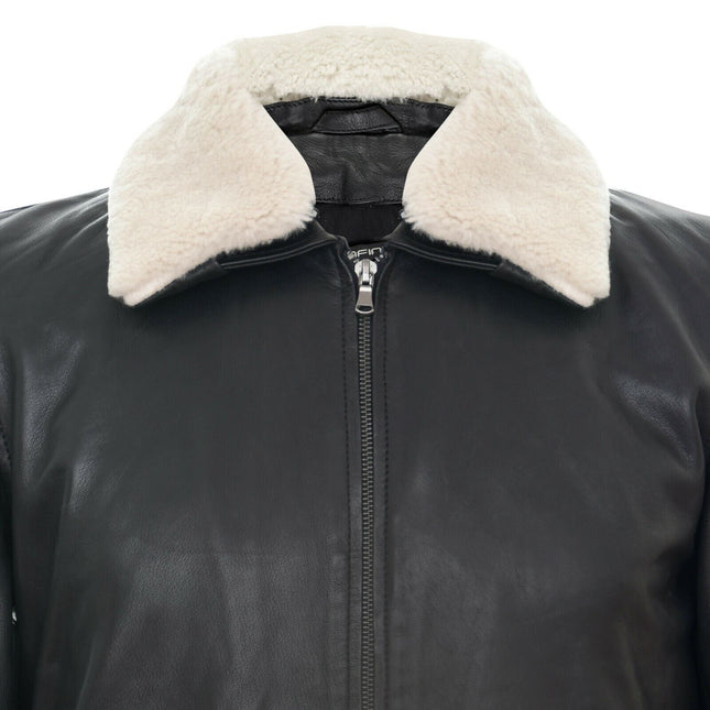 Black Leather Air Force Bomber Jacket with Detachable Collar - Valletta