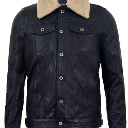 Mens Removable Collar Leather Trucker Jacket-Zagreb