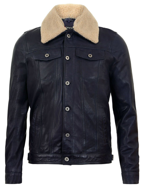 Mens Removable Collar Leather Trucker Jacket-Zagreb
