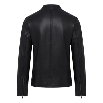 Mens Leather Black Stand Collar Cafe Racer Biker Jacket - E184