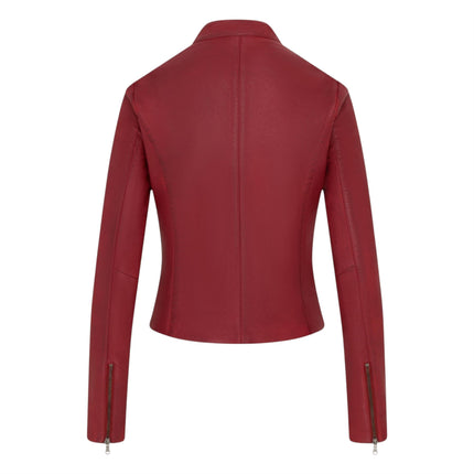 Womens Red Leather Stand Collar Racer Biker Jacket - 181