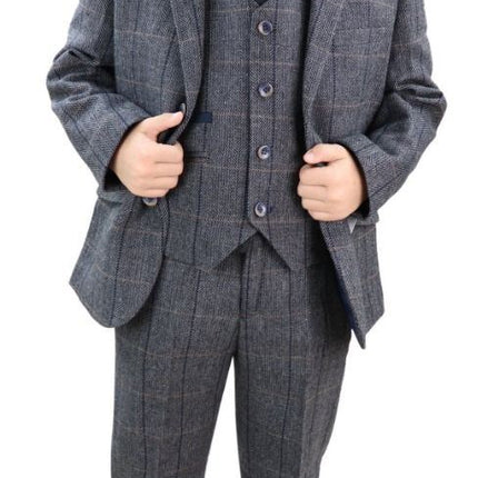 Boys 3 Piece Charcoal Grey Herringbone Tweed Check Classic  Suit