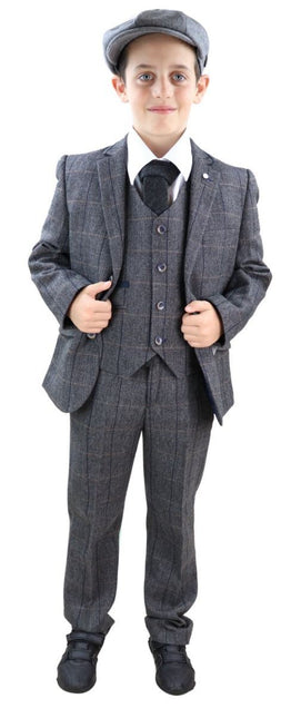 Boys 3 Piece Charcoal Grey Herringbone Tweed Check Classic  Suit