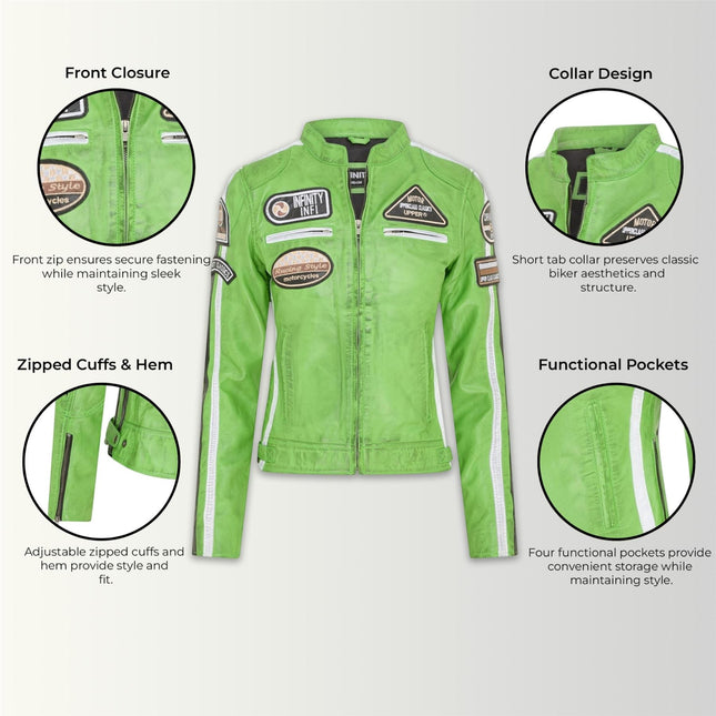 Womens Biker Racing Badges Green Leather Jacket-Eastleigh