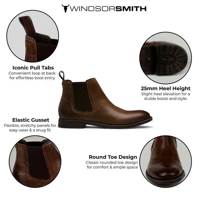 Windsorsmith Mens Brown Leather Chelsea Ankle Dealer Boots - Sergio