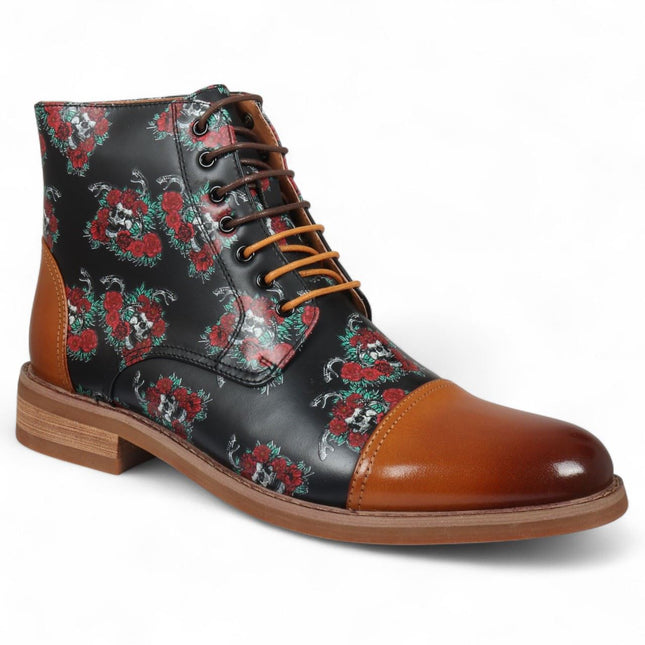 Justin Reess Men's Brown Floral Skull Print Leather Oxford Ankle Boots - Adam Skull