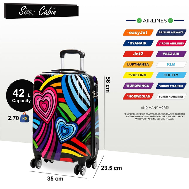 Hard Shell Printed Cabin Suitcase 35 x 23.5 x 56 cm Luggage Suitable for Easyjet, Ryanair, Wizzair