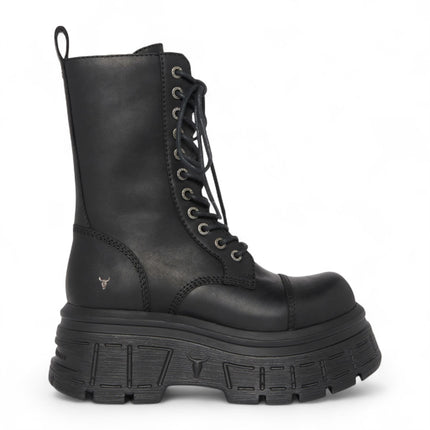 Windsorsmith Womens Black Mid-Calf Biker Leather Platform Combat Boots - Screaming