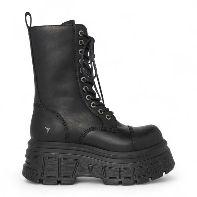 Windsorsmith Womens Black Mid-Calf Biker Leather Platform Combat Boots - Screaming