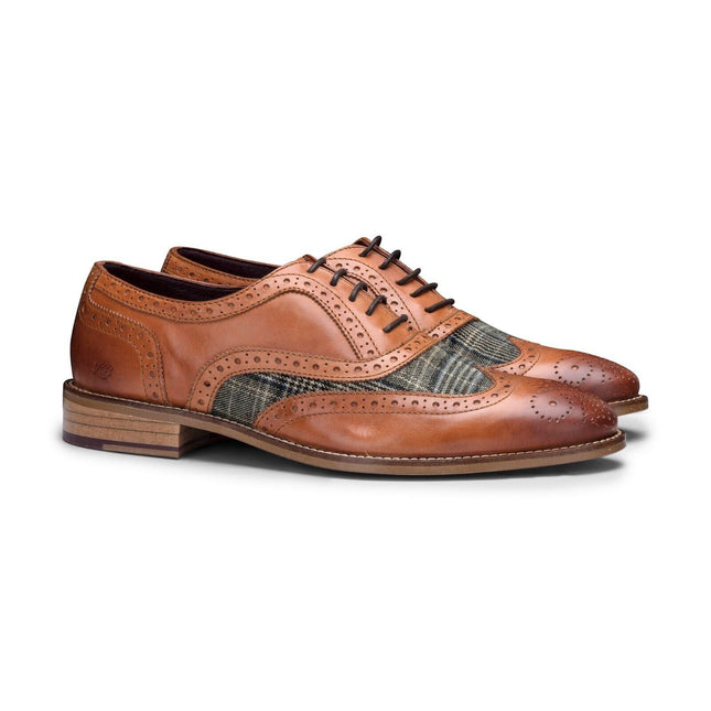 Mens Classic Oxford Tan Leather Gatsby Brogue Shoes With Tweed