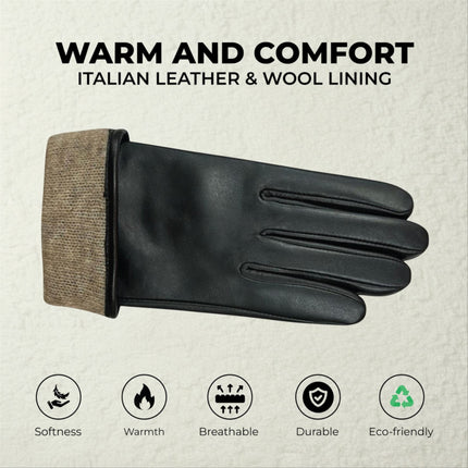Womens Black Italian Leather Winter Button Design Soft Wool Lining Gloves - L-GLV-501