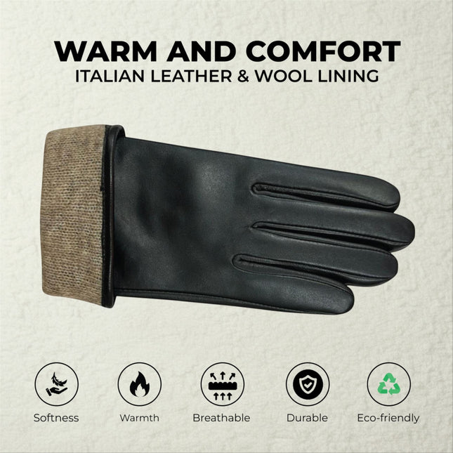Womens Black Italian Leather Winter Button Design Soft Wool Lining Gloves - L-GLV-501