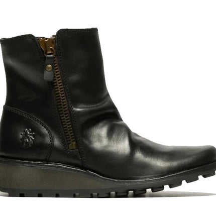 Fly London Womens Black MON944 Leather Wedge Heel Ankle Zip Up Chelsea Boots