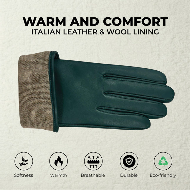 Womens Teal Green Italian Leather Winter Buckle Soft Wool Lining Gloves - L-GLV-601