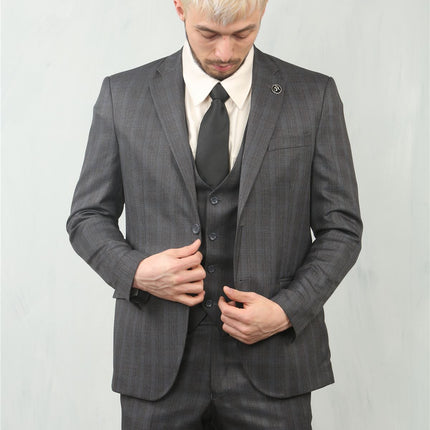 Men's 3 Piece Prince Of Wales Charcoal Suit Workwear