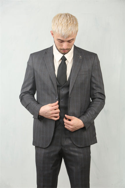 Men's 3 Piece Prince Of Wales Charcoal Suit Workwear
