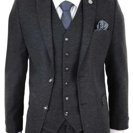 Mens 3 Piece Black Wool Tweed Vintage Retro Suit