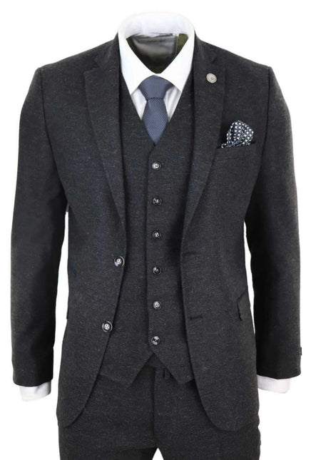 Mens 3 Piece Black Wool Tweed Vintage Retro Suit