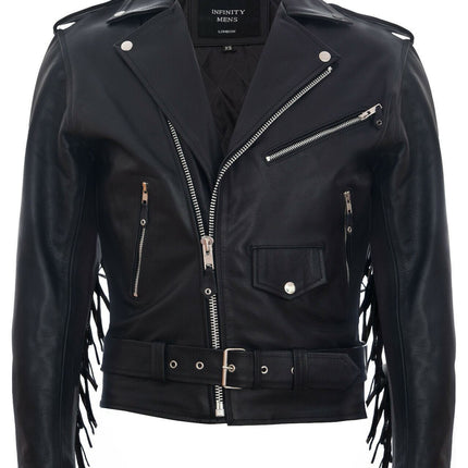 Mens Fringe Hide Leather Biker Jacket- Tokyo