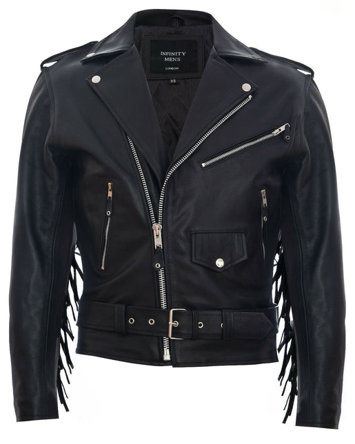 Mens Fringe Hide Leather Biker Jacket- Tokyo