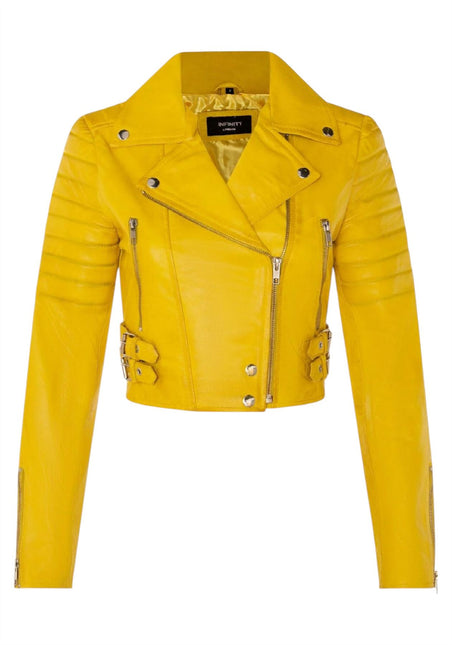 Womens Cropped Brando Leather Biker Jacket-Damascus