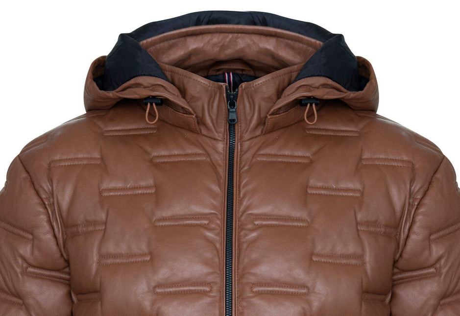 Men's Hooded Puffer Quilted Bomber Leather Jacket - Belém