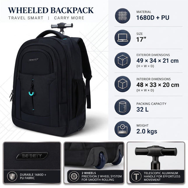 17" Black Wheeled Laptop Backpack 1680D + PU 2 Wheel Trolley Rucksack