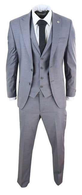 New Mens 3 Piece Suit Plain Grey Classic Tailored Fit Smart Casual 1920s Formal