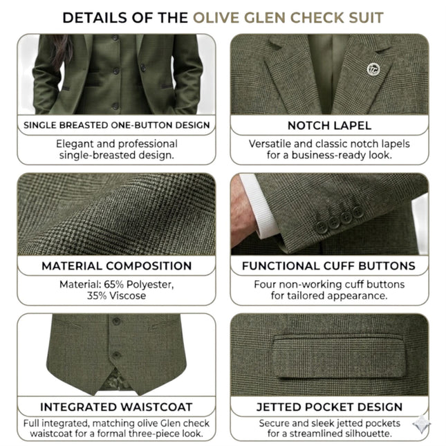 Women's Olive Three Piece Check Tailored Suit - TPW-53