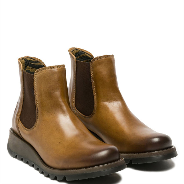 Fly London Womens Camel Salv Chelsea Leather Ankle Casual Wedge Heel Boots