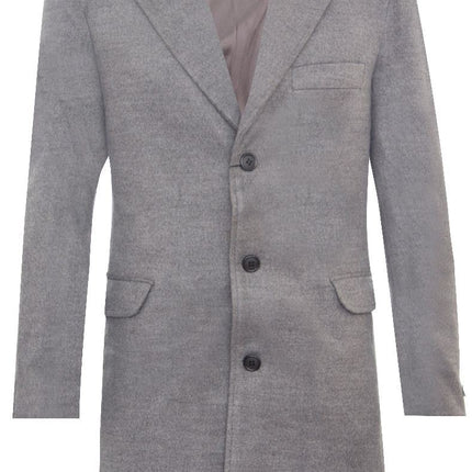 Men's Long Grey Wool Slim Fit Overcoat