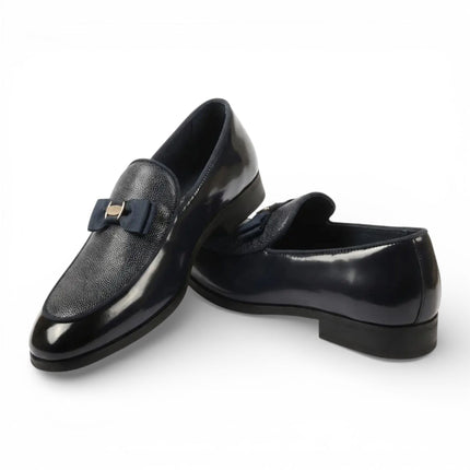 Mens Black Textured Front Iconic Buckle Bow Loafers Shoes