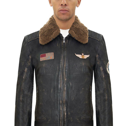 Mens Badged Vintage Black Leather Bomber Jacket-Tunis