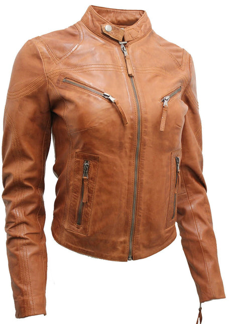 Womens Slim-Fit Leather Biker Jacket-Maldon