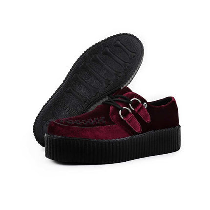 TUK Viva High Creeper Burgundy Velvet Platform Lace-Up Goth Shoes - AV6802