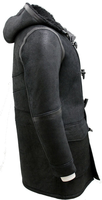 Mens Winter Sheepskin Leather Hooded Duffle Coat-Montpellier