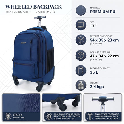 19" Blue Wheeled Laptop Backpack Premium PU 4 Wheel Trolley Rucksack