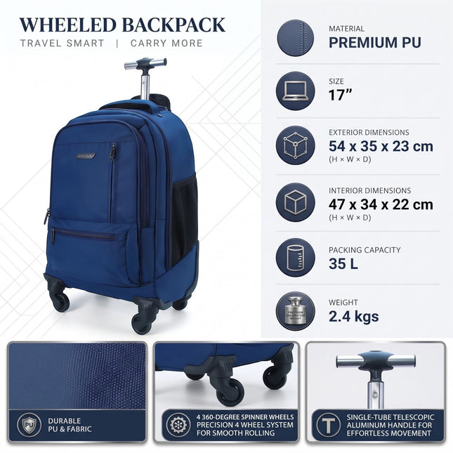 19" Blue Wheeled Laptop Backpack Premium PU 4 Wheel Trolley Rucksack