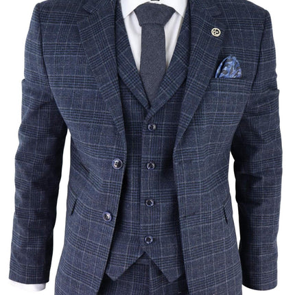 Mens Blue Check 3 Piece Tweed Suit Peaky Blinders 1920s Gatsby Tailored Fit