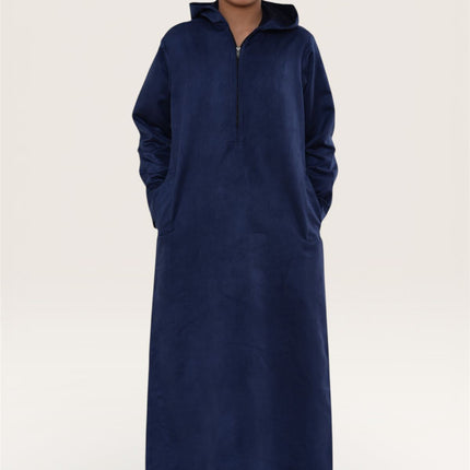Kids Boys Hooded Eid Navy Blue Moroccan Jubba Robe Ramadan Eid Thobe - K-HM12